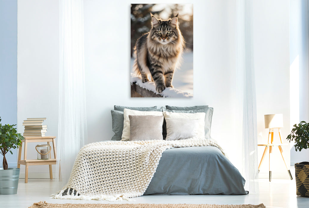 Premium Textil-Leinwand Majestätische Maine Coon Katze im Winter – edles Katzenporträt im Schnee