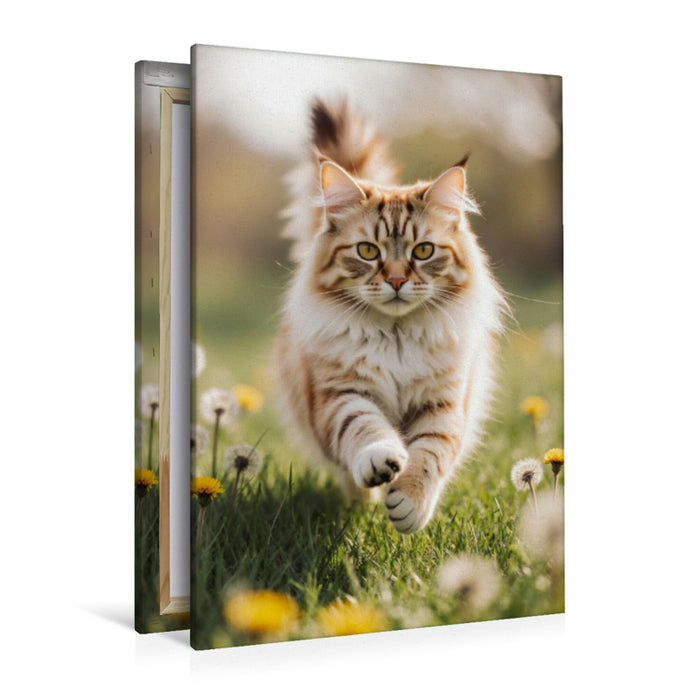 Premium Textil-Leinwand Die Maine Coon Katze läuft voller Energie durch eine blühende Frühlingswiese.