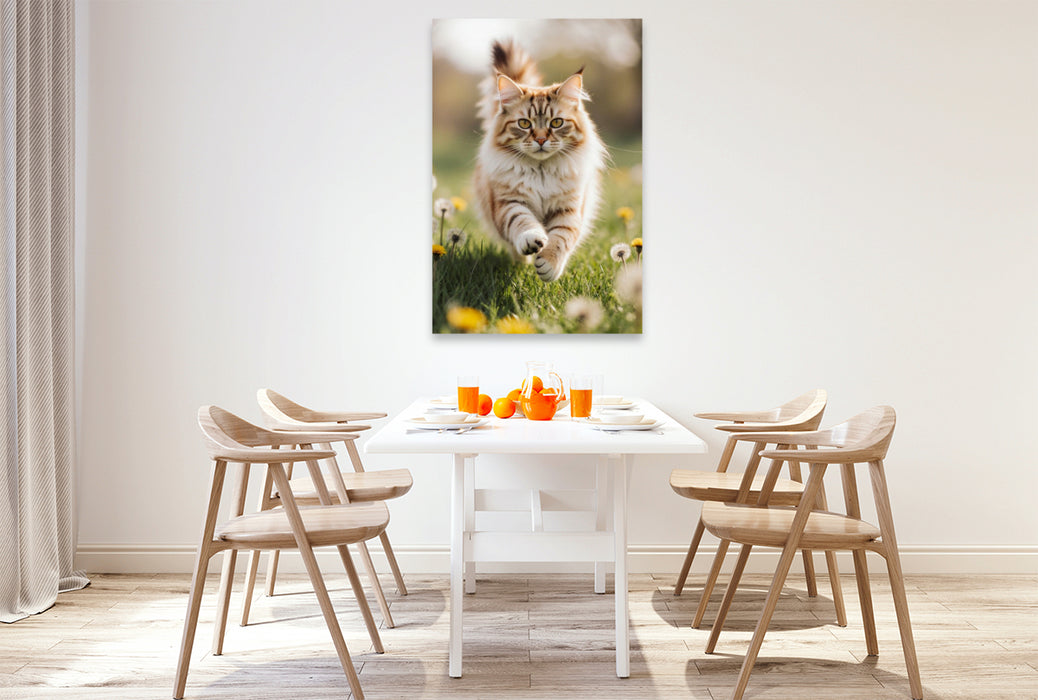 Premium Textil-Leinwand Die Maine Coon Katze läuft voller Energie durch eine blühende Frühlingswiese.