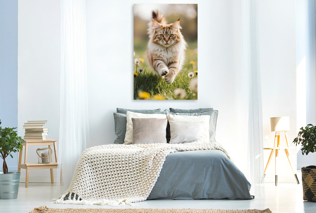 Premium Textil-Leinwand Die Maine Coon Katze läuft voller Energie durch eine blühende Frühlingswiese.