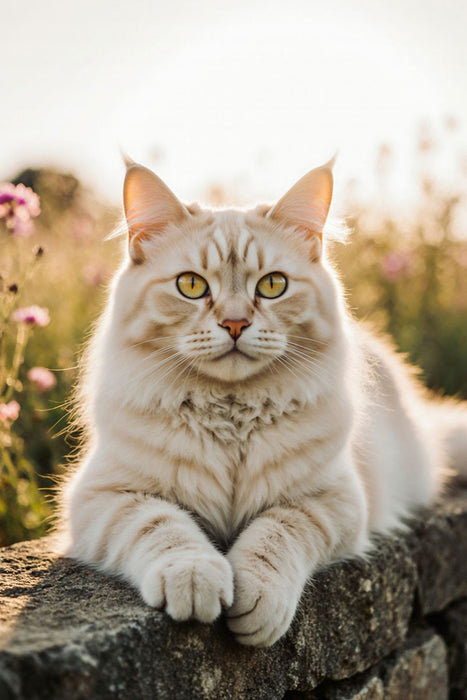 Premium Textil-Leinwand Die Maine Coon Katze liegt entspannt auf einer Mauer und genießt das warme Sonnenlicht.