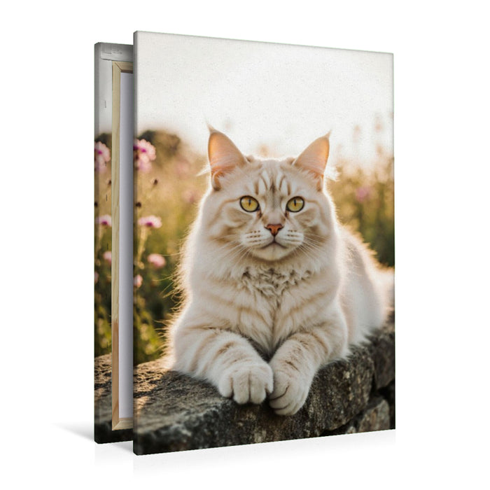 Premium Textil-Leinwand Die Maine Coon Katze liegt entspannt auf einer Mauer und genießt das warme Sonnenlicht.