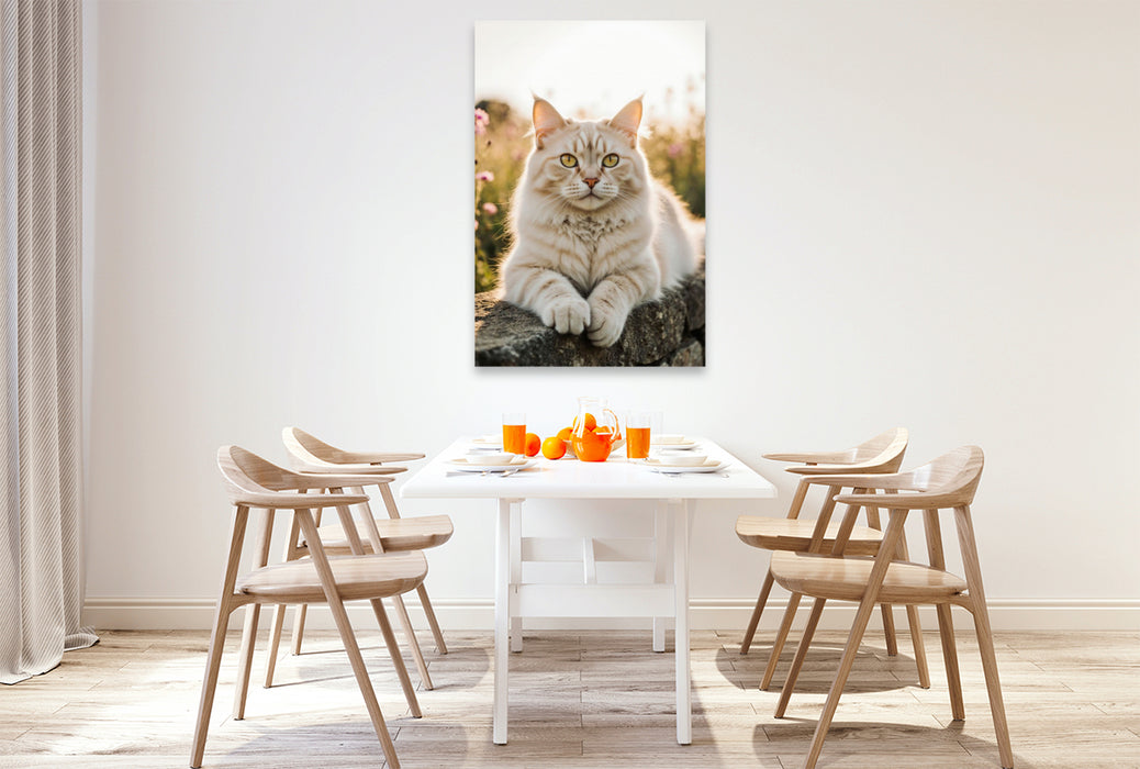 Premium Textil-Leinwand Die Maine Coon Katze liegt entspannt auf einer Mauer und genießt das warme Sonnenlicht.