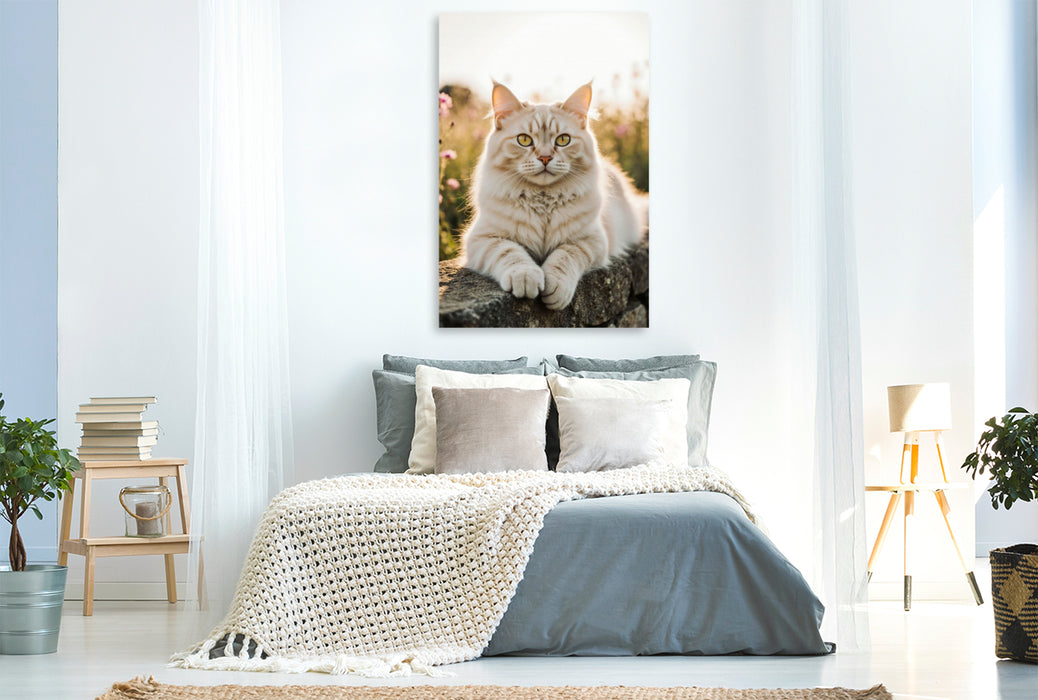Premium Textil-Leinwand Die Maine Coon Katze liegt entspannt auf einer Mauer und genießt das warme Sonnenlicht.