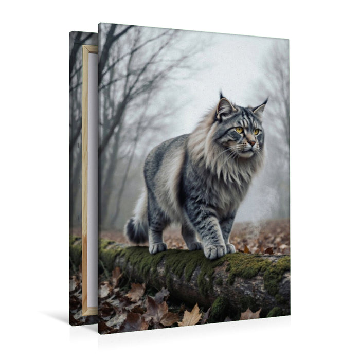 Premium Textil-Leinwand Die Maine Coon Katze schreitet durch den herbstlichen Wald und zeigt ihre kraftvolle Präsenz.
