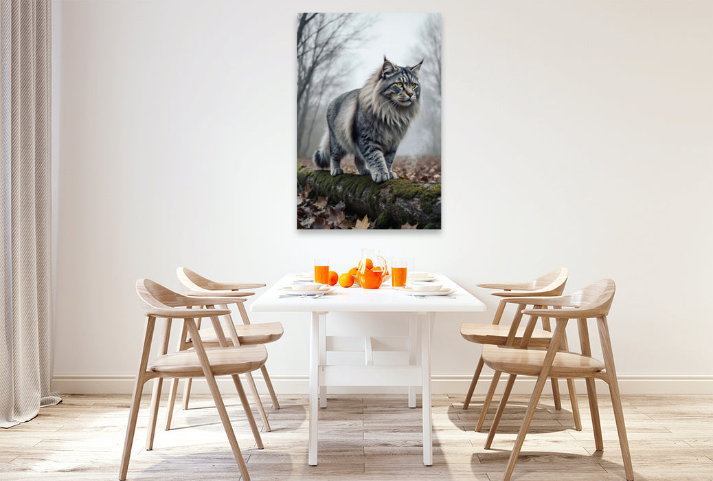 Premium Textil-Leinwand Die Maine Coon Katze schreitet durch den herbstlichen Wald und zeigt ihre kraftvolle Präsenz.