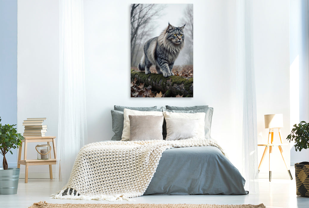 Premium Textil-Leinwand Die Maine Coon Katze schreitet durch den herbstlichen Wald und zeigt ihre kraftvolle Präsenz.