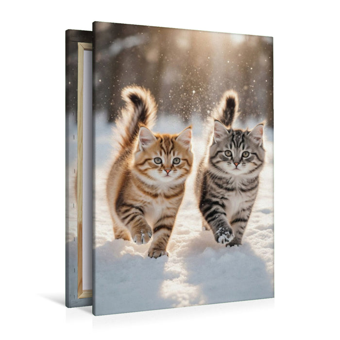 Premium Textil-Leinwand Zwei Maine Coon Katzenbabys toben im Schnee und verzaubern mit ihrem neugierigen Blick.