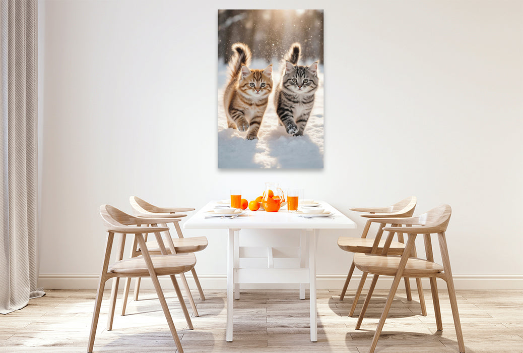 Premium Textil-Leinwand Zwei Maine Coon Katzenbabys toben im Schnee und verzaubern mit ihrem neugierigen Blick.