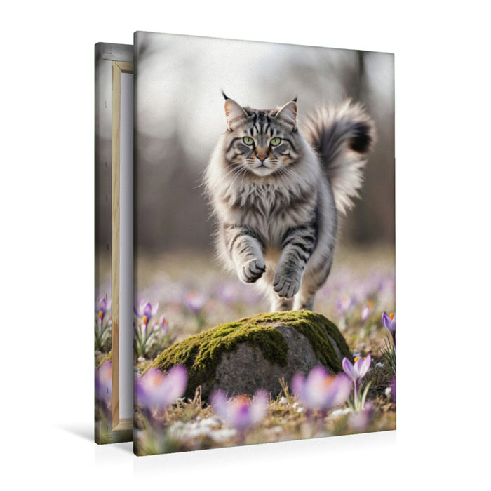 Premium Textil-Leinwand Eine Maine Coon Katze springt über einen Felsen und bewegt sich voller Energie durch die Frühlingsblumen