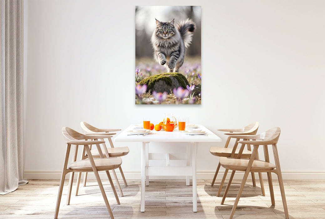 Premium Textil-Leinwand Eine Maine Coon Katze springt über einen Felsen und bewegt sich voller Energie durch die Frühlingsblumen