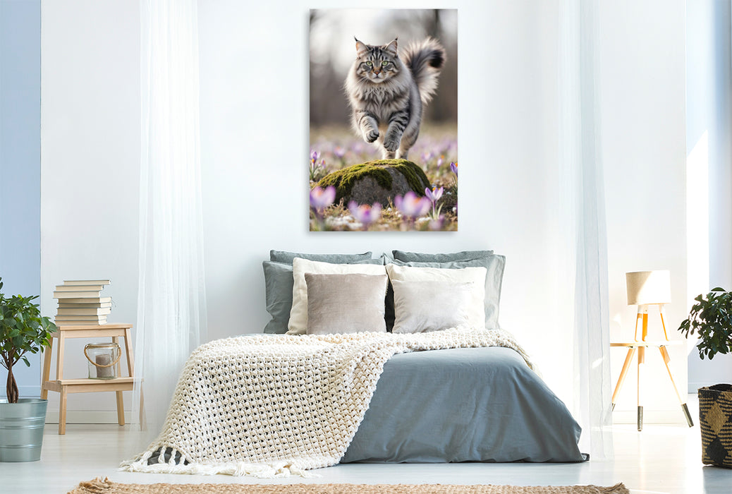 Premium Textil-Leinwand Eine Maine Coon Katze springt über einen Felsen und bewegt sich voller Energie durch die Frühlingsblumen