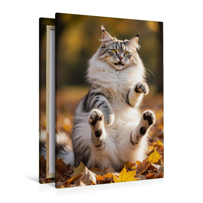 Premium Textil-Leinwand Eine Maine Coon Katze spielt im Herbstlaub und zeigt ihre verspielte Seite voller Lebensfreude