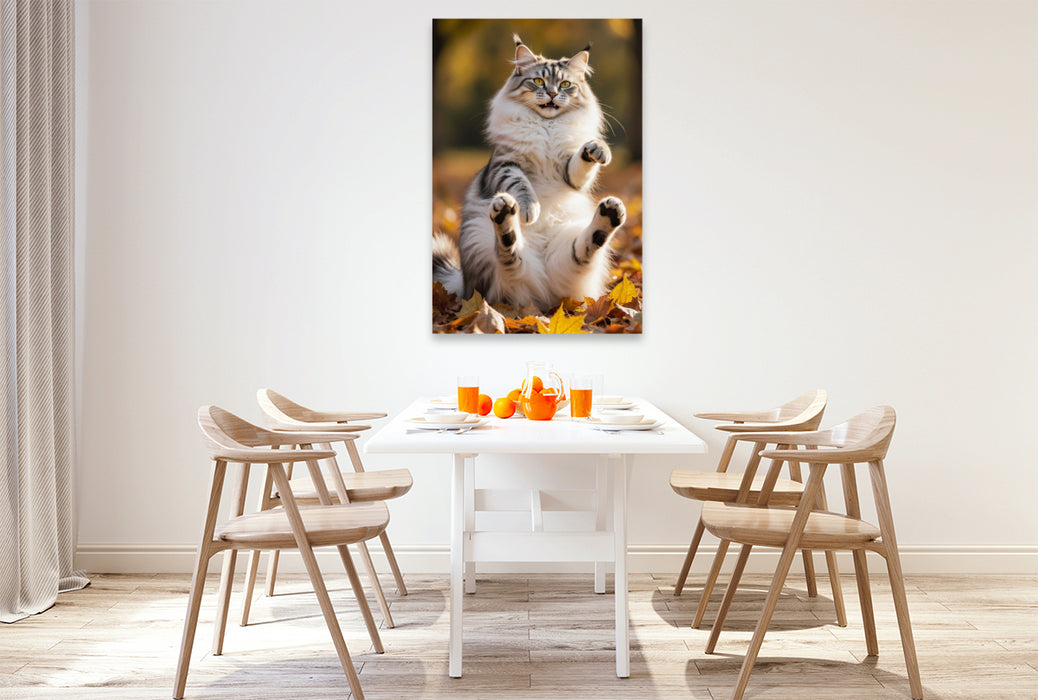 Premium Textil-Leinwand Eine Maine Coon Katze spielt im Herbstlaub und zeigt ihre verspielte Seite voller Lebensfreude