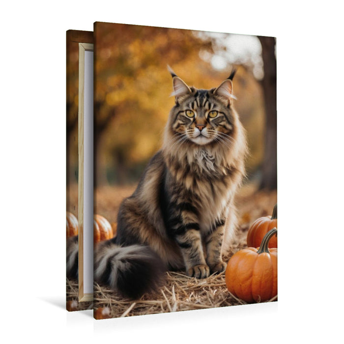 Premium Textil-Leinwand Eine Maine Coon Katze sitzt im Herbst zwischen Kürbissen und zeigt ihre elegante Ausstrahlung.