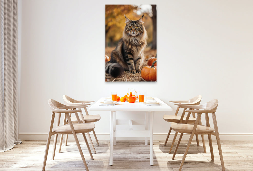 Premium Textil-Leinwand Eine Maine Coon Katze sitzt im Herbst zwischen Kürbissen und zeigt ihre elegante Ausstrahlung.