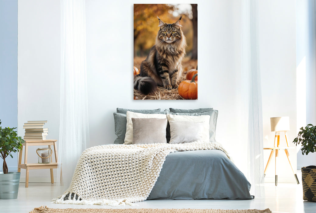 Premium Textil-Leinwand Eine Maine Coon Katze sitzt im Herbst zwischen Kürbissen und zeigt ihre elegante Ausstrahlung.