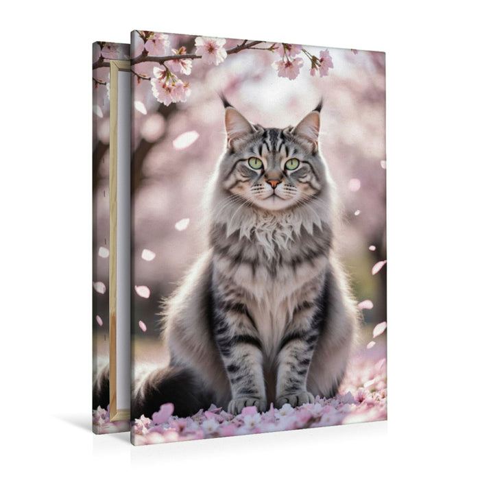 Premium Textil-Leinwand Eine Maine Coon Katze sitzt unter blühenden Kirschblüten und zeigt ihre ganze Schönheit.