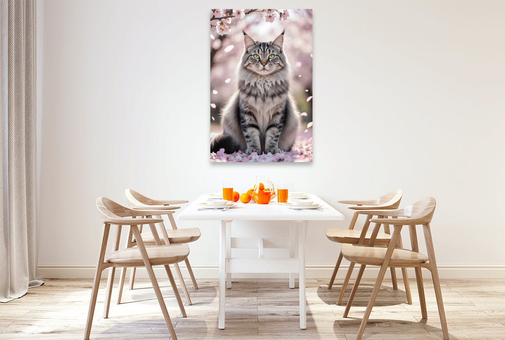 Premium Textil-Leinwand Eine Maine Coon Katze sitzt unter blühenden Kirschblüten und zeigt ihre ganze Schönheit.