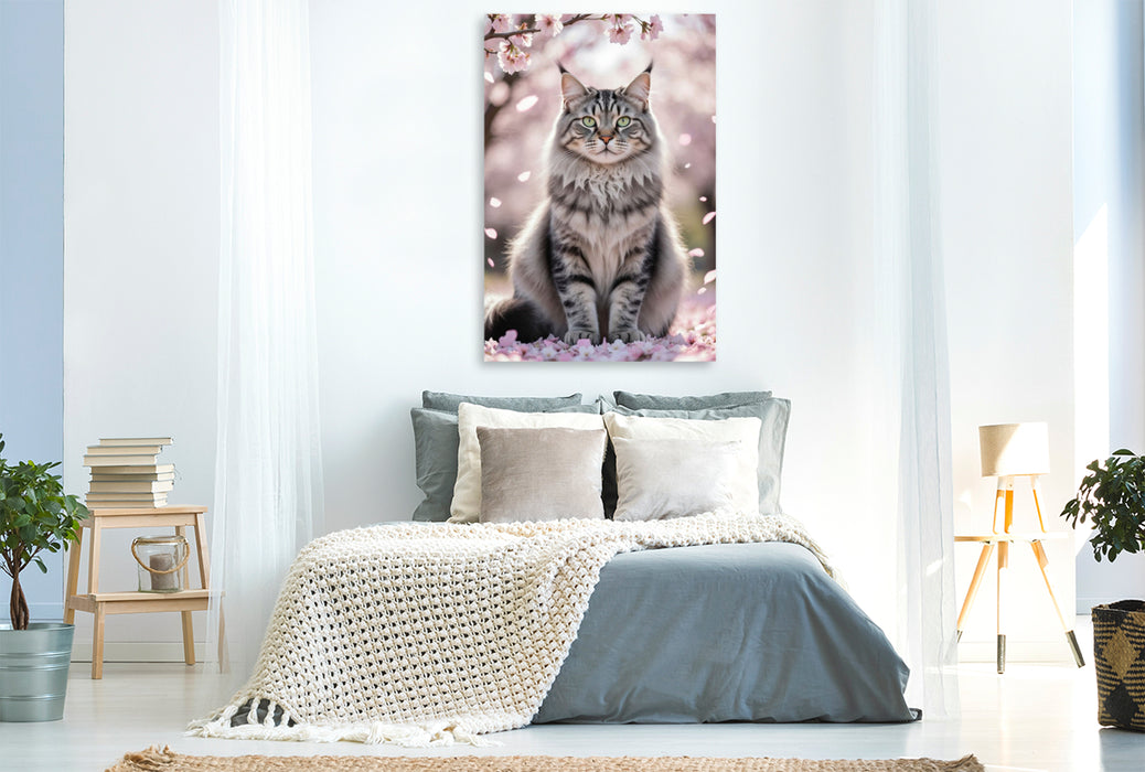 Premium Textil-Leinwand Eine Maine Coon Katze sitzt unter blühenden Kirschblüten und zeigt ihre ganze Schönheit.