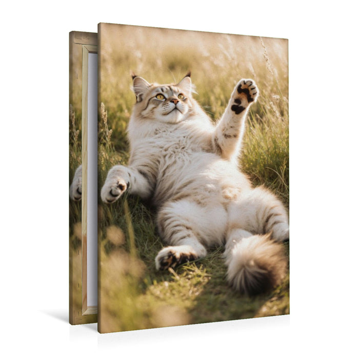 Premium Textil-Leinwand Eine Maine Coon Katze liegt entspannt im hohen Gras und streckt spielerisch ihre Pfote aus.
