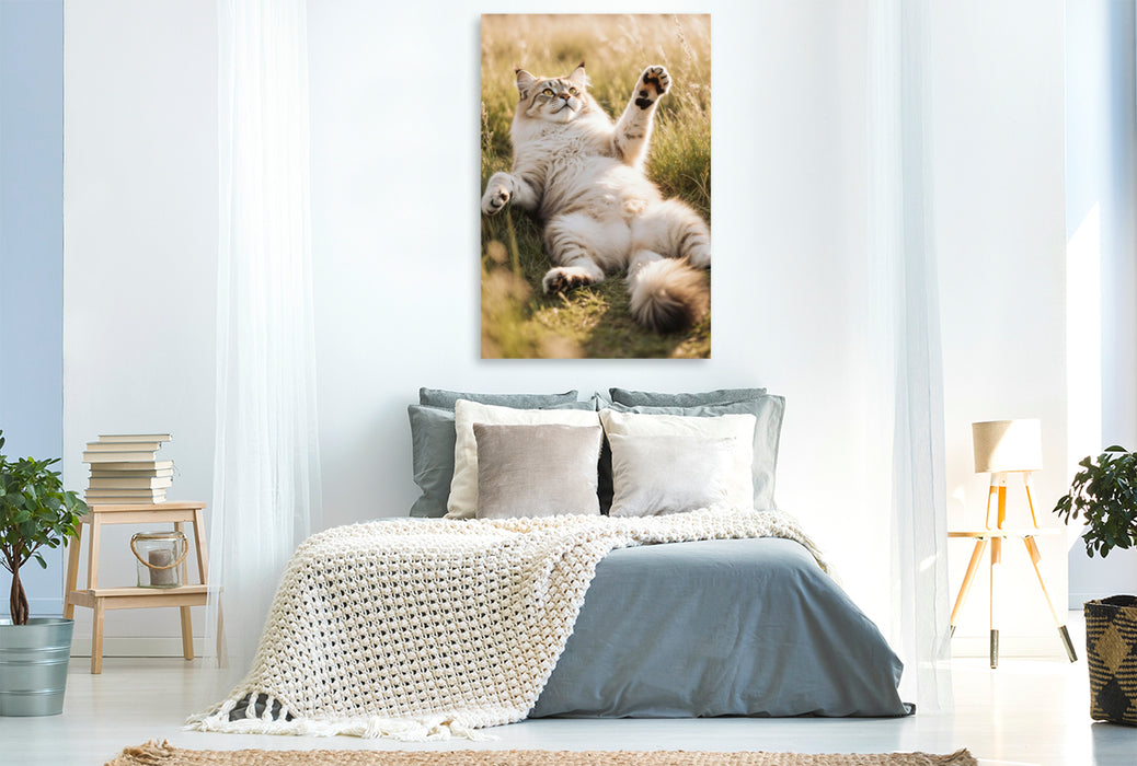 Premium Textil-Leinwand Eine Maine Coon Katze liegt entspannt im hohen Gras und streckt spielerisch ihre Pfote aus.