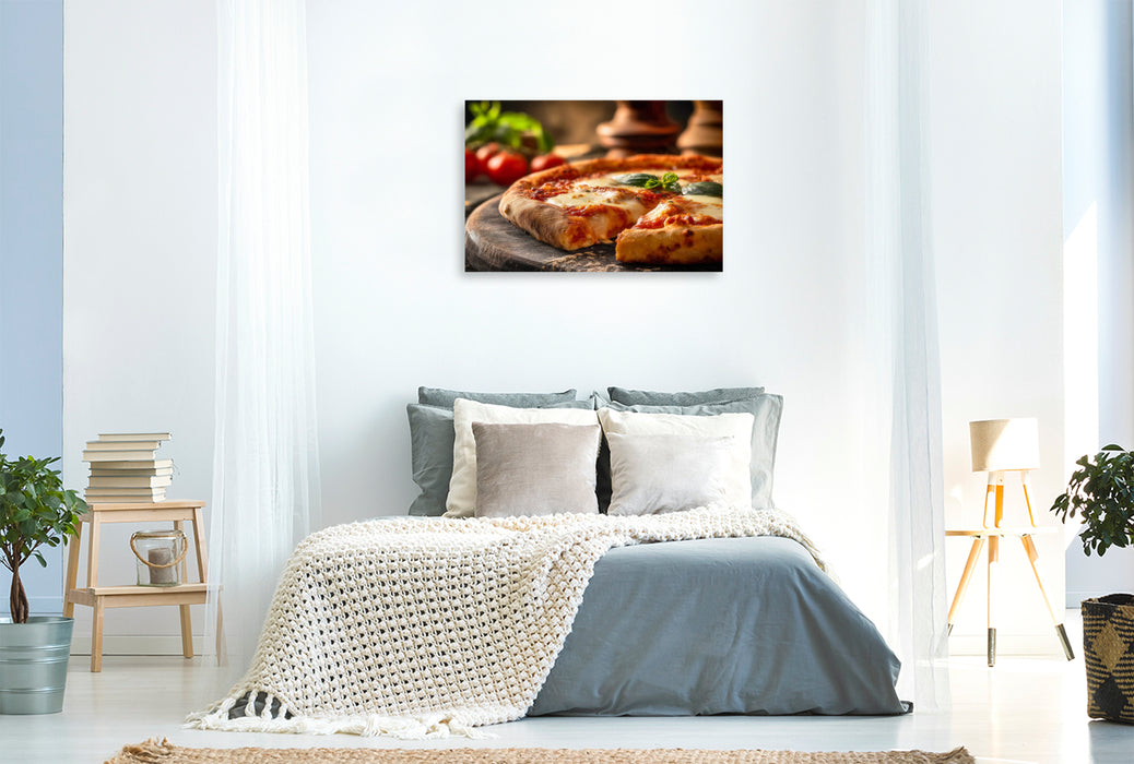Premium Textil-Leinwand Pizza Margherita, Holzofen Genuss aus Italien