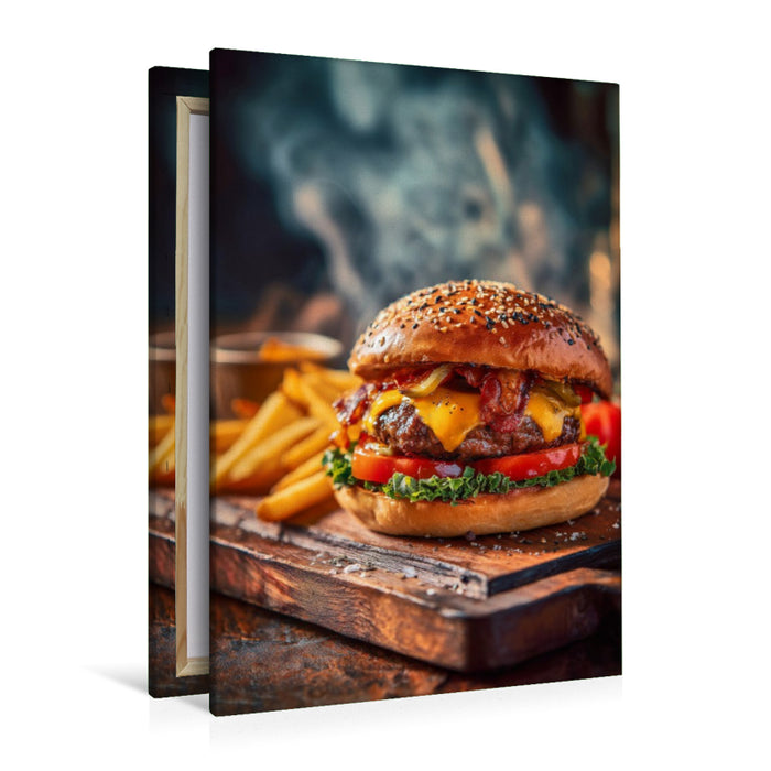 Premium Textil-Leinwand Burger, saftig, käsig & mit knusprigen Pommes