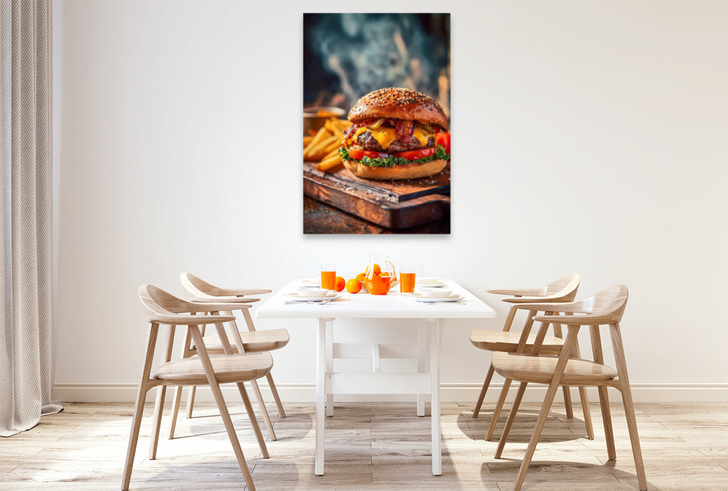 Premium Textil-Leinwand Burger, saftig, käsig & mit knusprigen Pommes