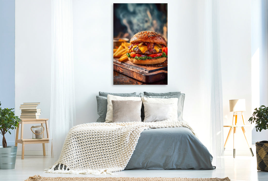 Premium Textil-Leinwand Burger, saftig, käsig & mit knusprigen Pommes