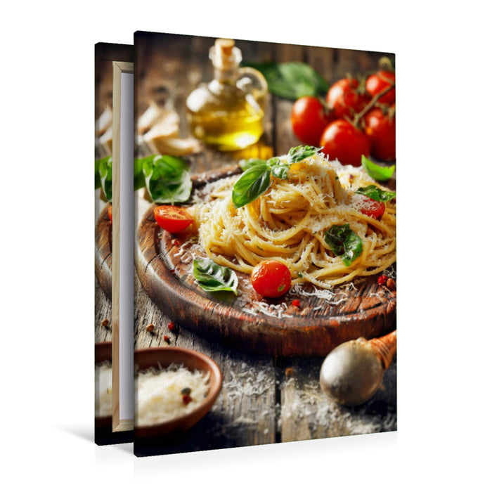 Premium Textil-Leinwand Pasta, al dente mit Basilikum & Parmesan