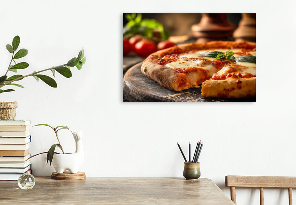 Premium Textil-Leinwand Pizza Margherita, Holzofen Genuss aus Italien