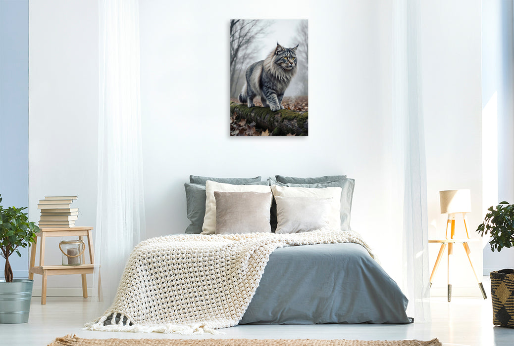 Premium Textil-Leinwand Die Maine Coon Katze schreitet durch den herbstlichen Wald und zeigt ihre kraftvolle Präsenz.