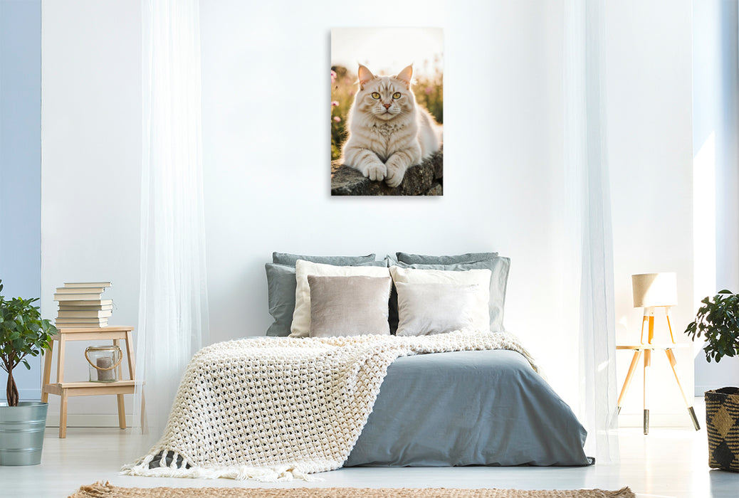 Premium Textil-Leinwand Die Maine Coon Katze liegt entspannt auf einer Mauer und genießt das warme Sonnenlicht.