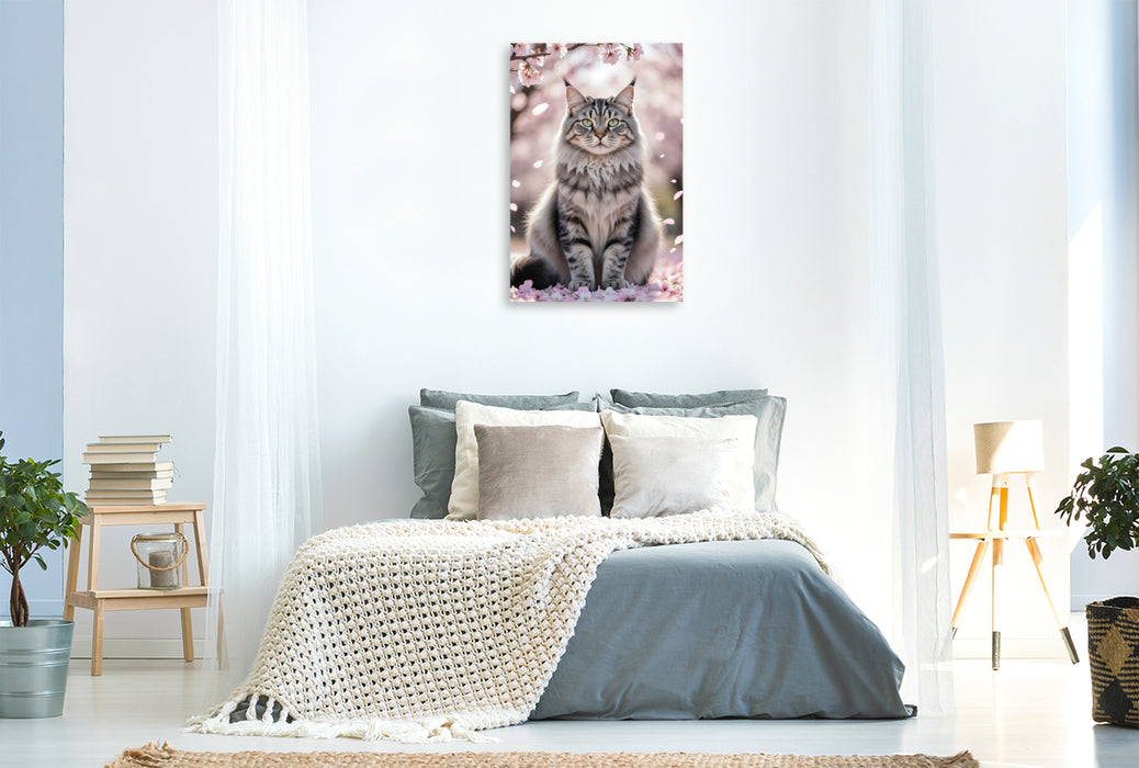 Premium Textil-Leinwand Eine Maine Coon Katze sitzt unter blühenden Kirschblüten und zeigt ihre ganze Schönheit.