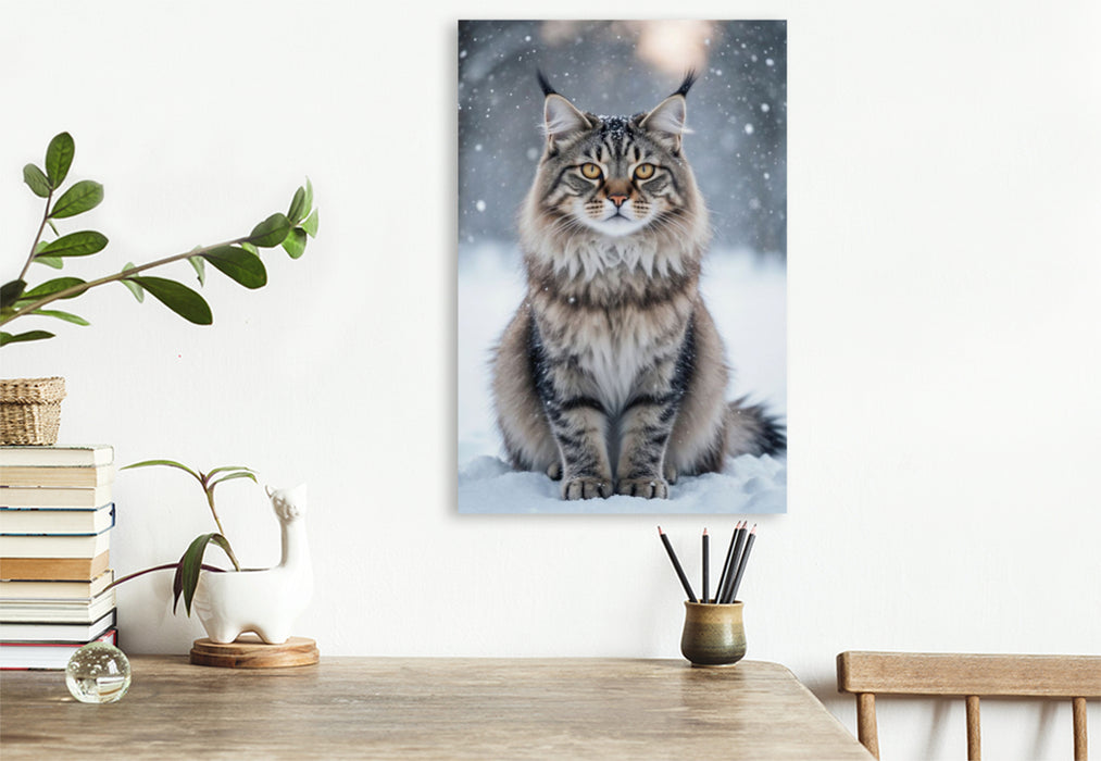 Premium Textil-Leinwand Die Maine Coon Katze sitzt im Schnee und zeigt ihre faszinierende Anmut im winterlichen Licht.