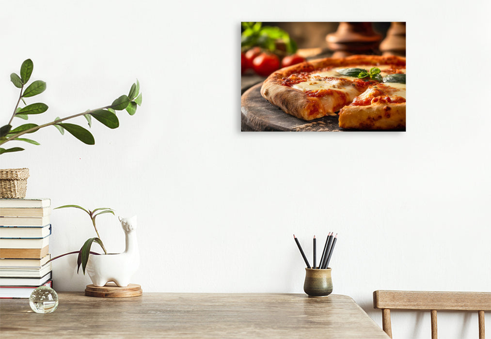 Premium Textil-Leinwand Pizza Margherita, Holzofen Genuss aus Italien
