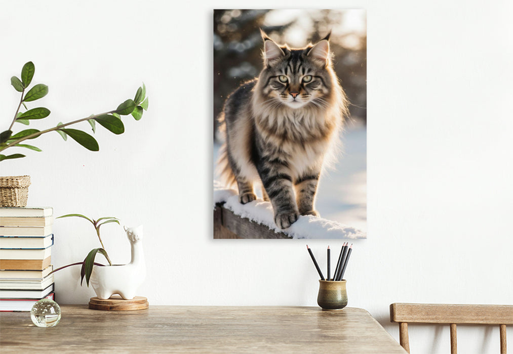 Premium Textil-Leinwand Majestätische Maine Coon Katze im Winter – edles Katzenporträt im Schnee