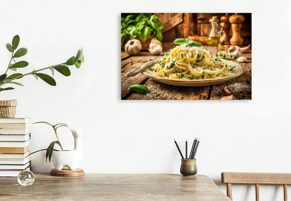 Premium Textil-Leinwand Italienische Pasta, Genuss auf rustikalem Teller
