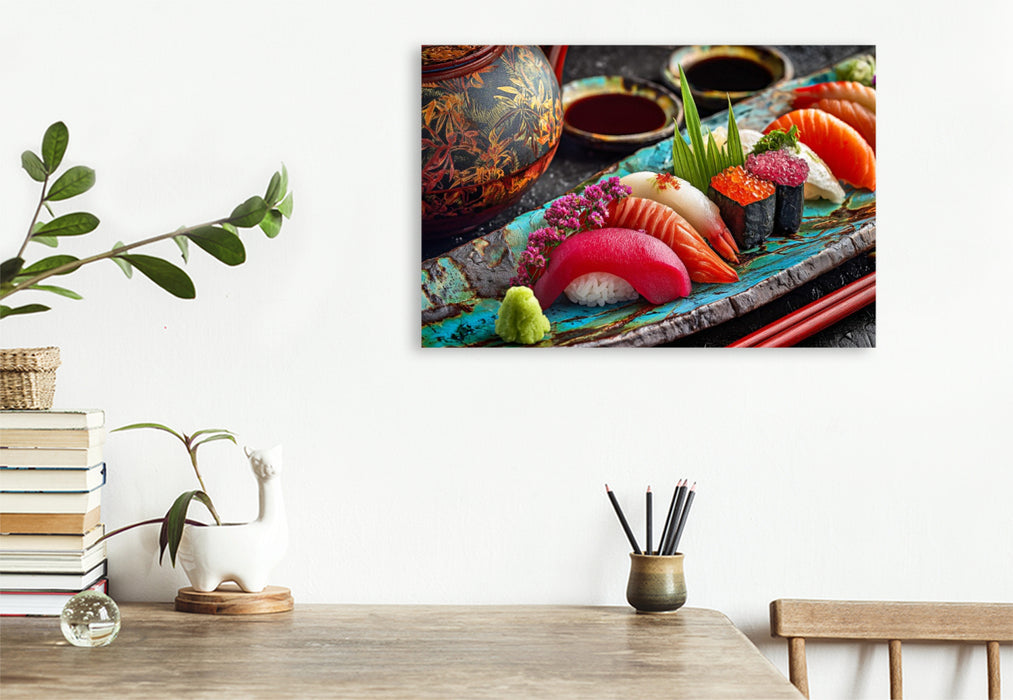 Premium Textil-Leinwand Sushi, farbenfrohe japanische Meisterwerke