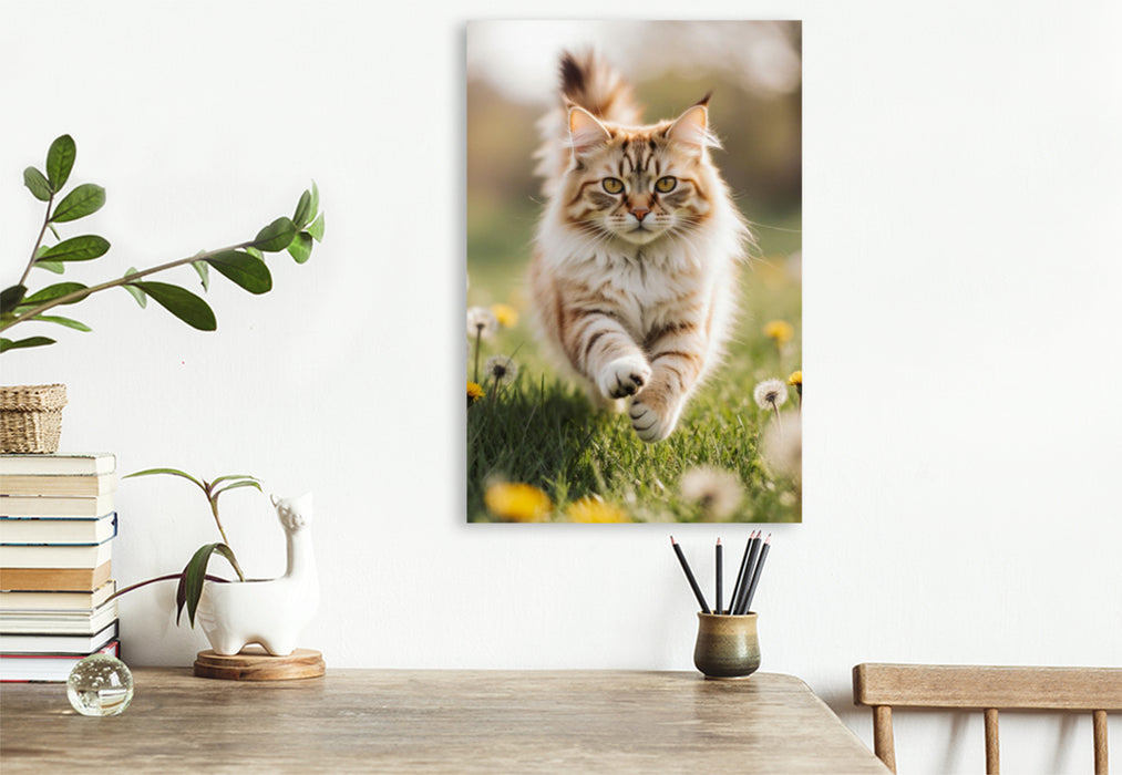 Premium Textil-Leinwand Die Maine Coon Katze läuft voller Energie durch eine blühende Frühlingswiese.