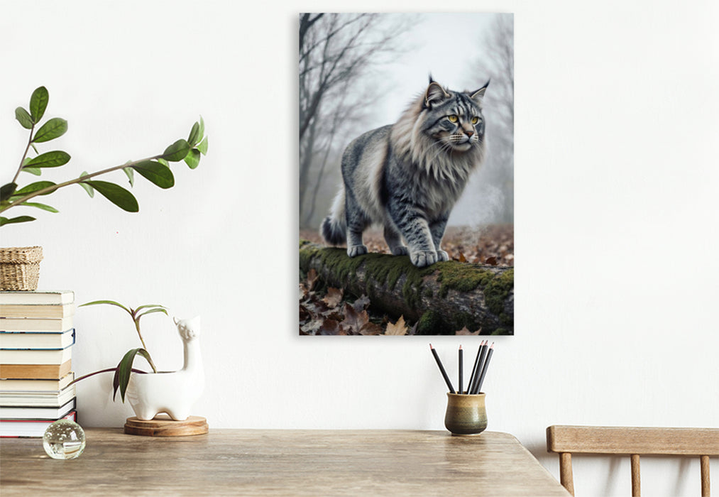 Premium Textil-Leinwand Die Maine Coon Katze schreitet durch den herbstlichen Wald und zeigt ihre kraftvolle Präsenz.