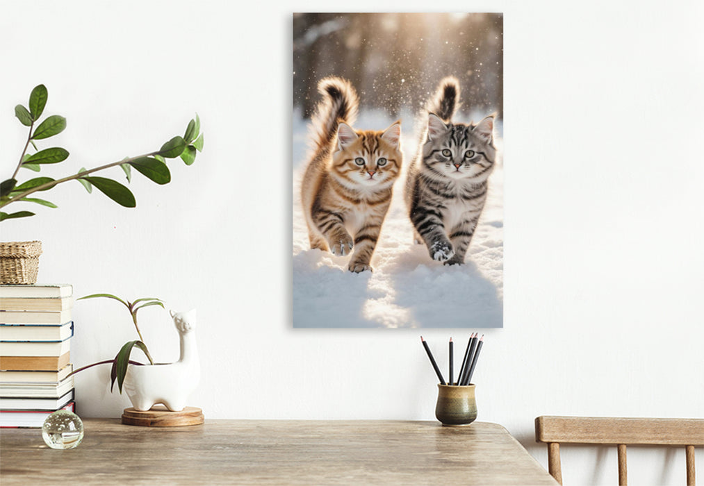 Premium Textil-Leinwand Zwei Maine Coon Katzenbabys toben im Schnee und verzaubern mit ihrem neugierigen Blick.