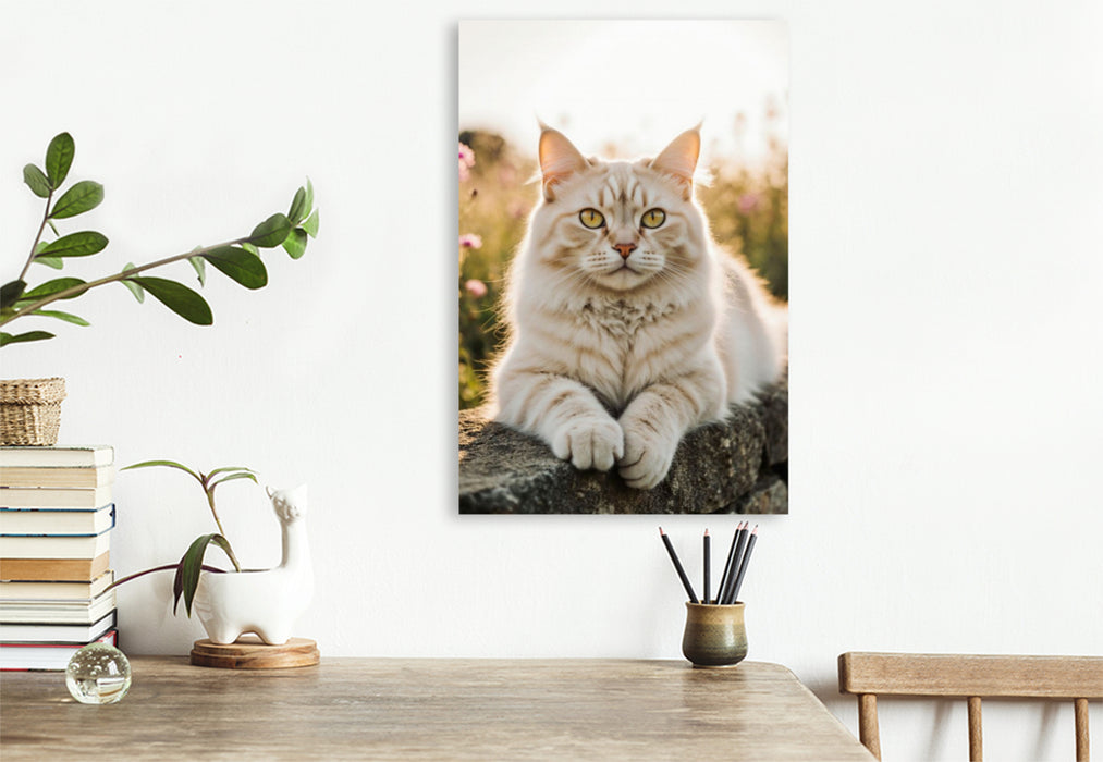 Premium Textil-Leinwand Die Maine Coon Katze liegt entspannt auf einer Mauer und genießt das warme Sonnenlicht.
