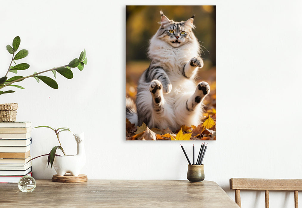 Premium Textil-Leinwand Eine Maine Coon Katze spielt im Herbstlaub und zeigt ihre verspielte Seite voller Lebensfreude