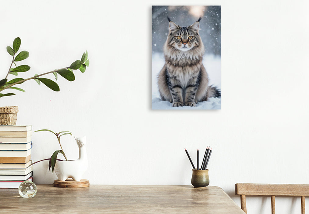 Premium Textil-Leinwand Die Maine Coon Katze sitzt im Schnee und zeigt ihre faszinierende Anmut im winterlichen Licht.