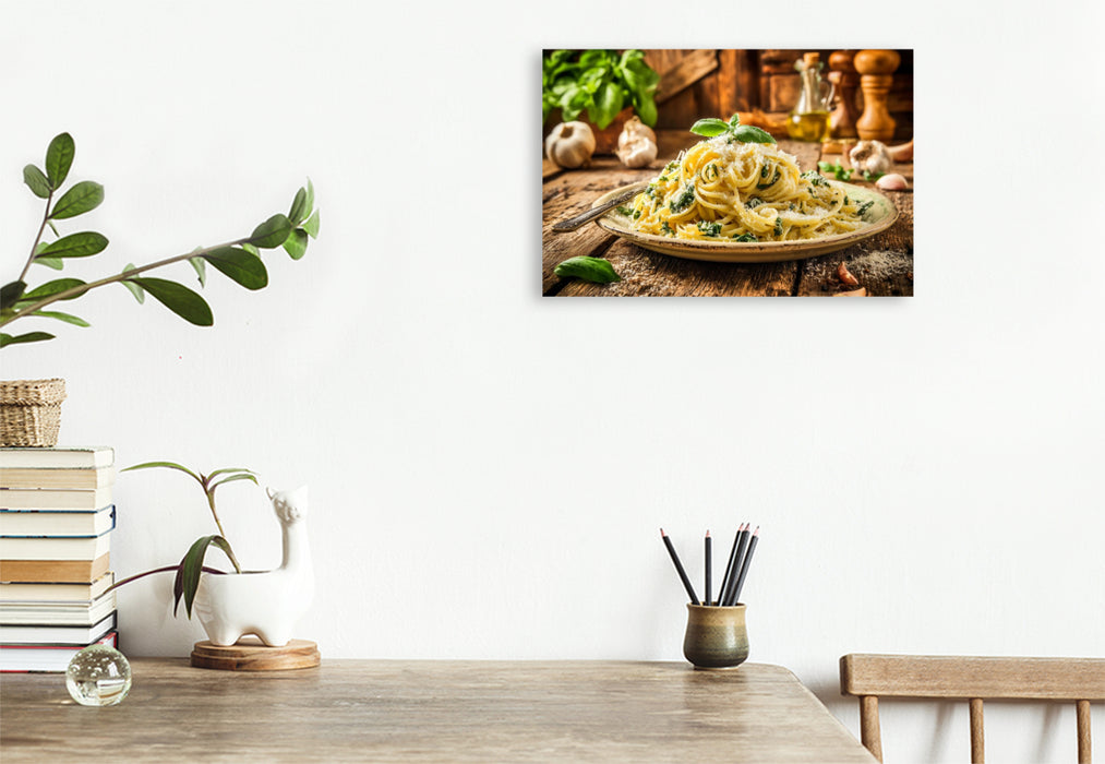 Premium Textil-Leinwand Italienische Pasta, Genuss auf rustikalem Teller