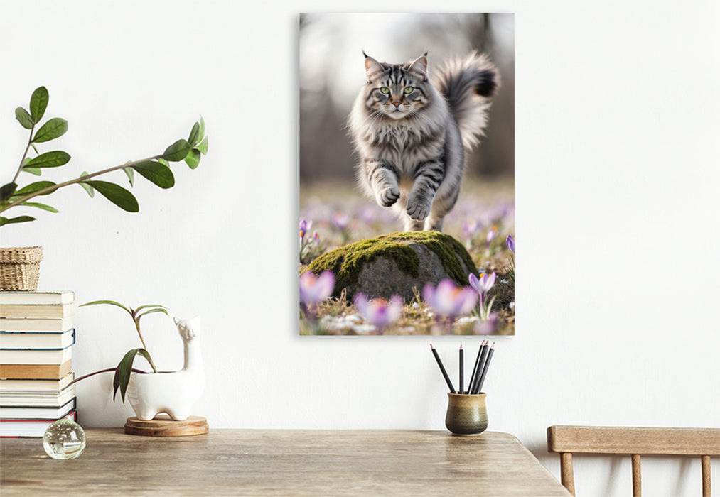 Premium Textil-Leinwand Eine Maine Coon Katze springt über einen Felsen und bewegt sich voller Energie durch die Frühlingsblumen