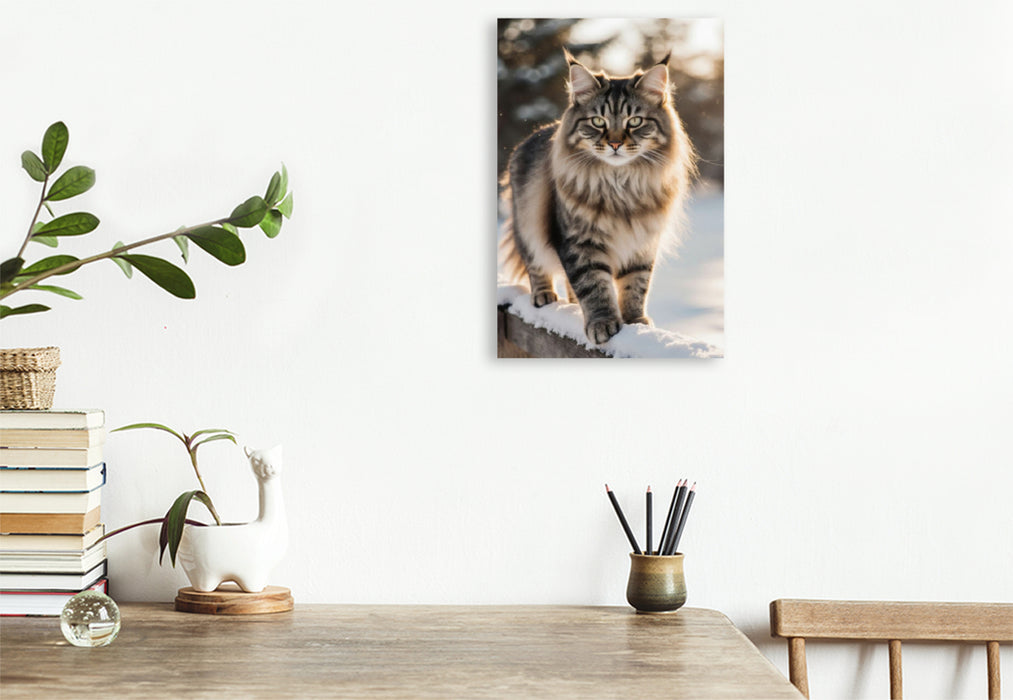 Premium Textil-Leinwand Majestätische Maine Coon Katze im Winter – edles Katzenporträt im Schnee