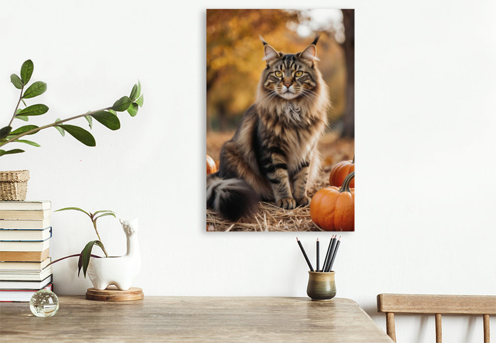 Premium Textil-Leinwand Eine Maine Coon Katze sitzt im Herbst zwischen Kürbissen und zeigt ihre elegante Ausstrahlung.